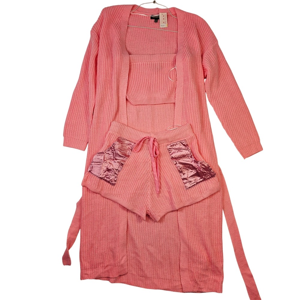 36points 3-Piece Knit Lounge Set Pink Cardigan Tube Top Shorts Small NEW
